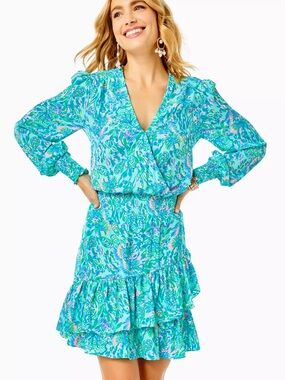 Lilly Pulitzer Floral Aqua Wrap-Style Long Sleeve Mini Dress size 6